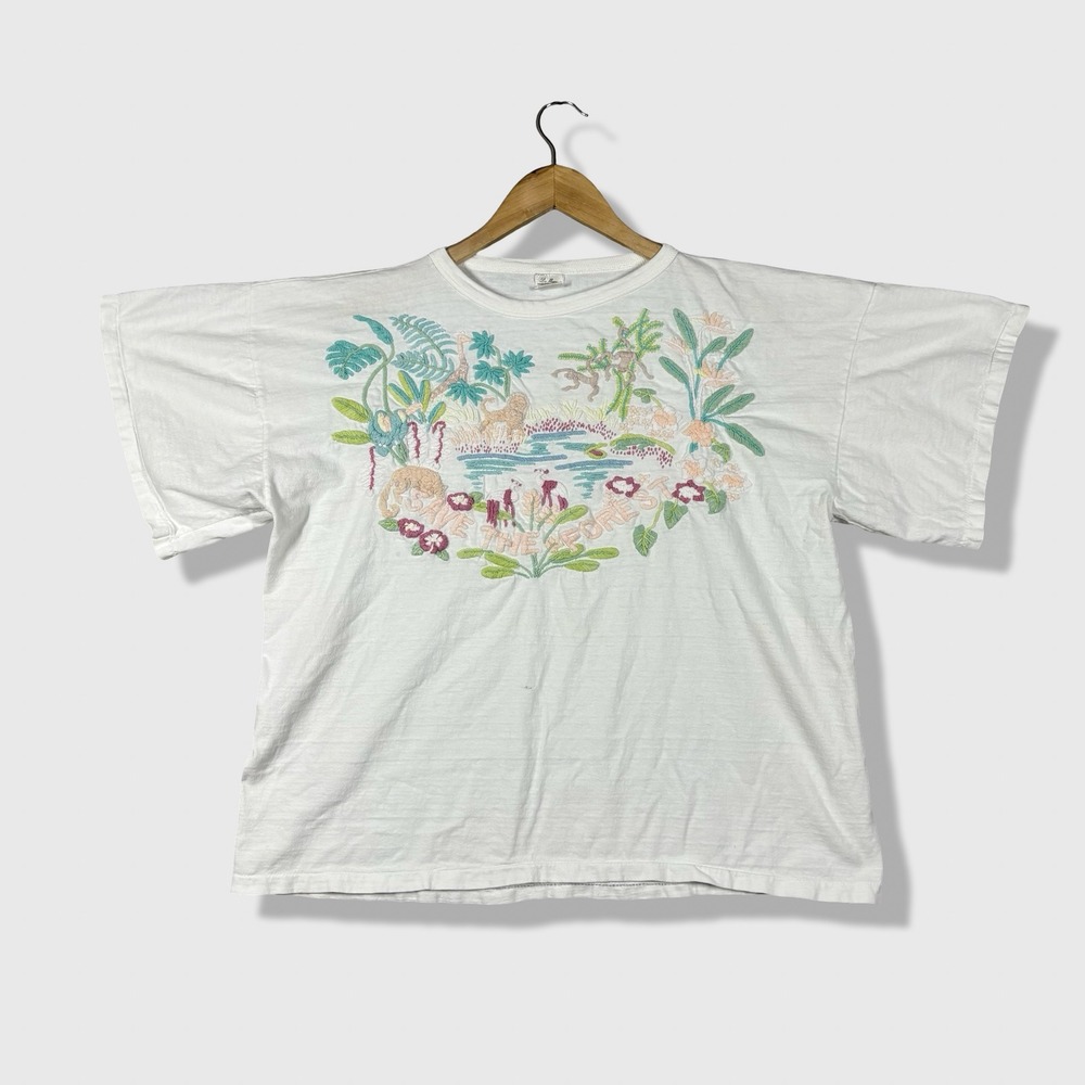 Los Mares T-Shirt Mens XL White Save The Forest Hand Embroidered Nature Boho